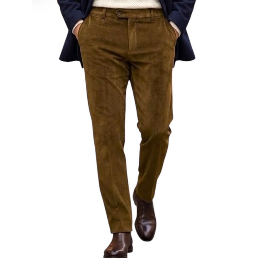 Vintage Barry Bricken Brown Green Soft Faux Corduroy Tailored Trousers 34 x 32
